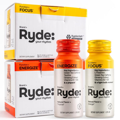 RYDE Shots Energize + Focus, Essential B Vitamins and Caffeine, Zero Calories, Zero Sugar, Pack of 16