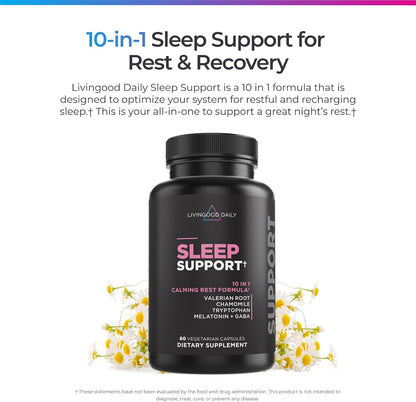 Livingood Daily Sleep Support Supplement, 10-in-1 Natural Sleep Aid with 5 MG Melatonin, Valerian Root, Chamomile, Tryptophan & GABA for Men & Women, Non Habit Forming, Gluten Free, Vegan, 60 Capsules