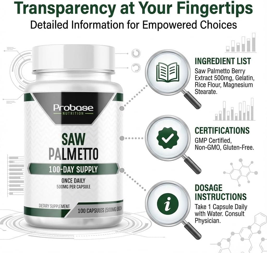 Probase Nutrition Saw Palmetto Herbal Supplement for Prostate and Urinary Health Support, 500mg, 100 Capsules, 3+ Month Supply