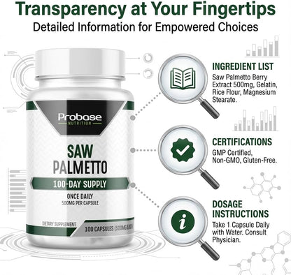 Probase Nutrition Saw Palmetto Herbal Supplement for Prostate and Urinary Health Support, 500mg, 100 Capsules, 3+ Month Supply