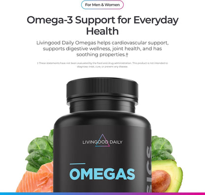 Livingood Daily Fish Oil Omega 3 Supplement, EPA and Dha from Wild Caught Fish, Omega 3 Fatty Acids for Heart, Brain, and Joint Health for Men and Women, Gluten Free, 30 Day Supply, 60 Softgels