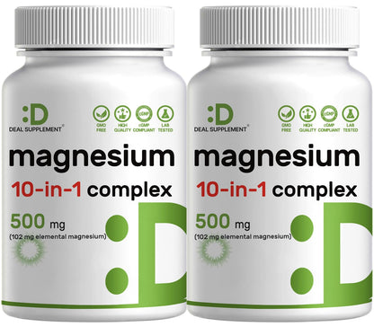 Magnesium Complex 500mg, 240 Veggie Capsules – 10-in-1 Glycinate, Citrate, Malate, Oxide, & More – 100% Chelated for Easy Absorption – Essential Mineral Supplement – Non-GMO