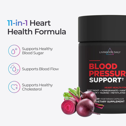 Livingood Daily Blood Pressure Support, Heart Health Supplement for Men & Women with Beet Root, Pomegranate, Hawthorn, Magnesium & Taurine, Cardiovascular Support Formula, Vegan, 120 Capsules