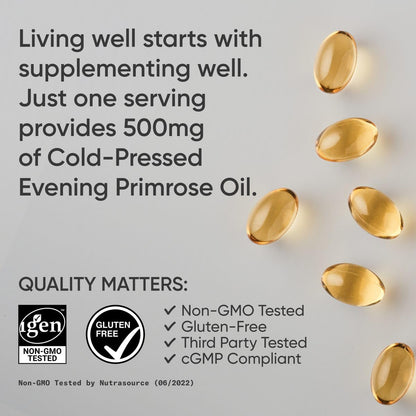 Sports Research Evening Primrose Supplement from Cold Pressed Oil - Softgels for Women’s Health & Skin Health - Gluten Free & Non-GMO GLA - High Potency 1300mg, 120 Count
