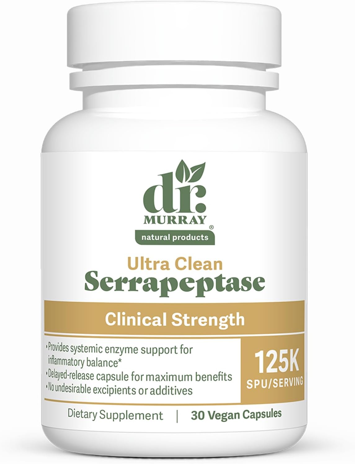 Dr. Murray's Ultra Clean 125,000 SPU Serrapeptase Clinical Strength - Proteolytic Enzyme | Acid-Resistant Vegan Capsules | GMP Certified | Third-Party Tested | 30 Count