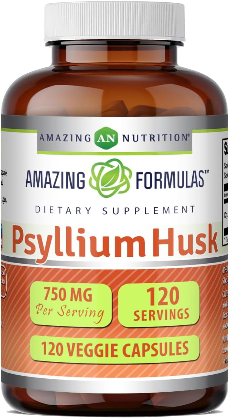 Amazing Formulas Psyllium Husk 750mg Veggie Capsules Supplement | Non-GMO | Gluten Free | Made in USA | Suitable for Vegetarians (120 Count)
