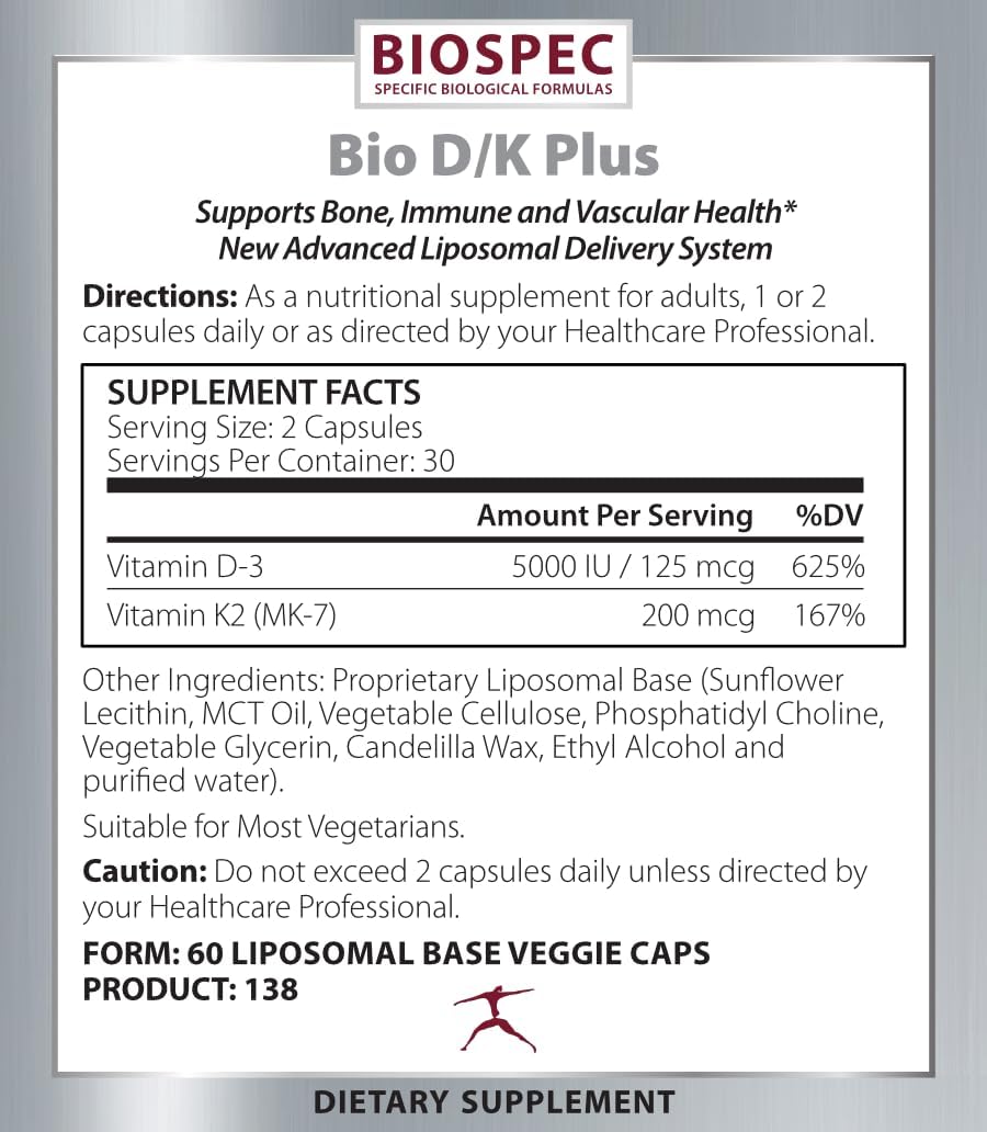 BIOSPEC NUTRITIONALS Bio D/K Plus - Vitamin D3 + K2 with 5000 IU of D3 and 200 mcg of Vitamin K2 (MK-7) in a lipsomal Base for Enhanced Absorption (60 Capsules)