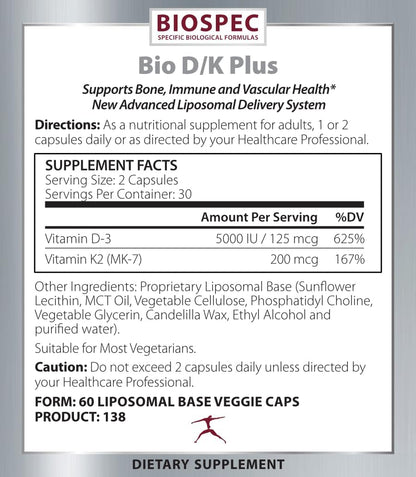 BIOSPEC NUTRITIONALS Bio D/K Plus - Vitamin D3 + K2 with 5000 IU of D3 and 200 mcg of Vitamin K2 (MK-7) in a lipsomal Base for Enhanced Absorption (60 Capsules)