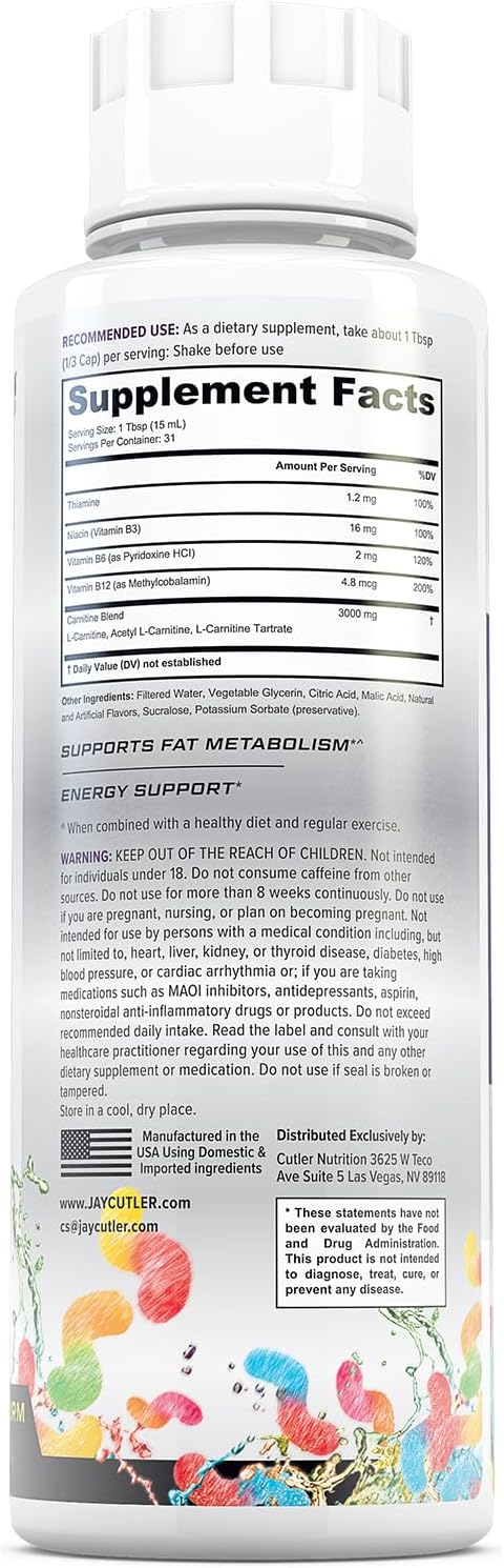 Cutler Nutrition Liquid L-Carnitine Fat Burner with Acetyl L-Carnitine | Sour Gummy Worm, 16 fl oz | Triple-Form Liquid with L-Carnitine Tartrate for Energy, Metabolism, Recovery and Workout Support