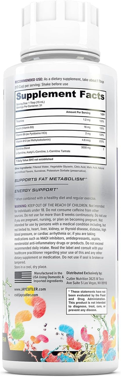 Cutler Nutrition Liquid L-Carnitine Fat Burner with Acetyl L-Carnitine | Sour Gummy Worm, 16 fl oz | Triple-Form Liquid with L-Carnitine Tartrate for Energy, Metabolism, Recovery and Workout Support