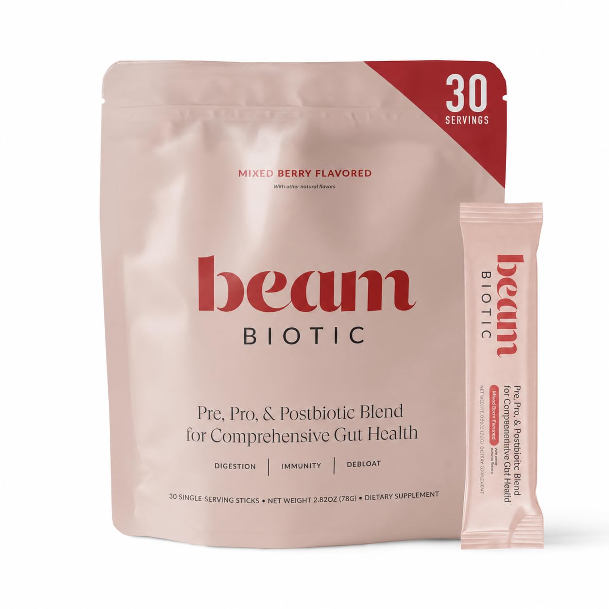 BEAM Biotic Probiotics for Women & Men – Gut Health for Women & Men, Digestive Health with Pre, Pro & Postbiotics + Glutathione, Daily Probiotic Drink for Bloating Relief, Blue Raspberry, 15 Servings