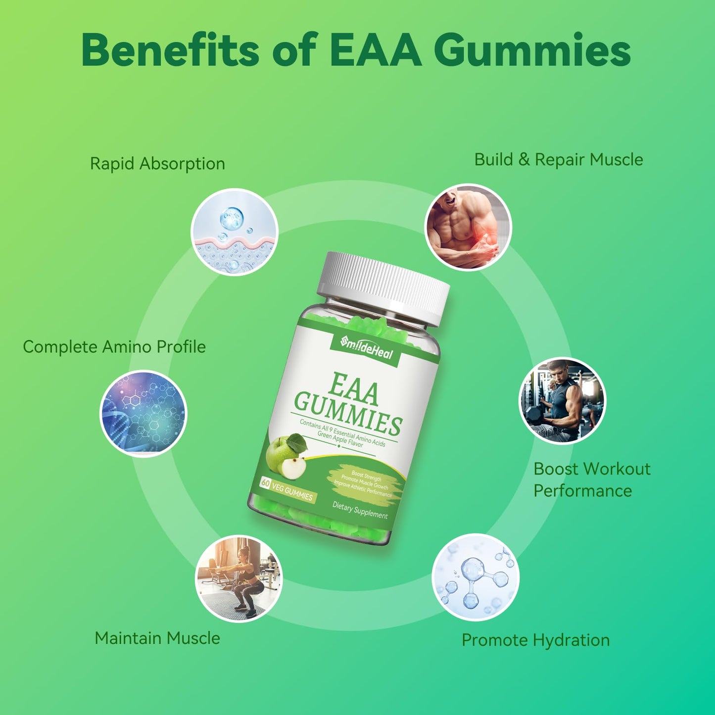 EAA Gummies, Essential Amino Acids, Apple Flavor, 60 Vegan Gummies | All 9 Essential Aminos (EAA) and All Branched-Chain Aminos (BCAAs) for Muscle Recovery, Energy Support, Non-GMO, Gluten Free