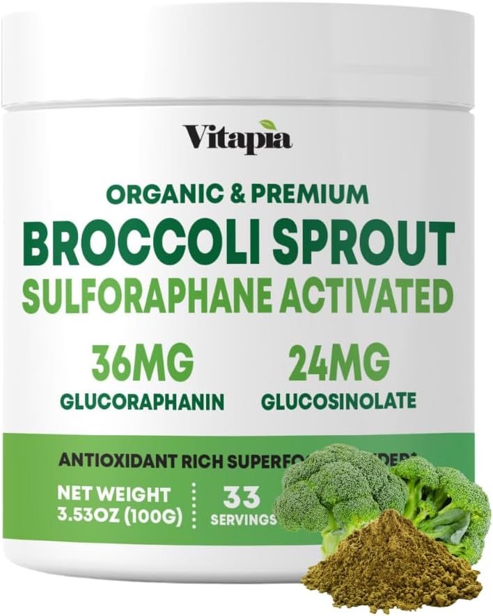 Vitapia Organic Broccoli Sprout Powder for Sulforaphane, Antioxidant, Brain, Skin, Heart Health Support - 100g Powder Supplement & 33 Day Supply - Non-GMO, Gluten-Free, Vegan-Friendly