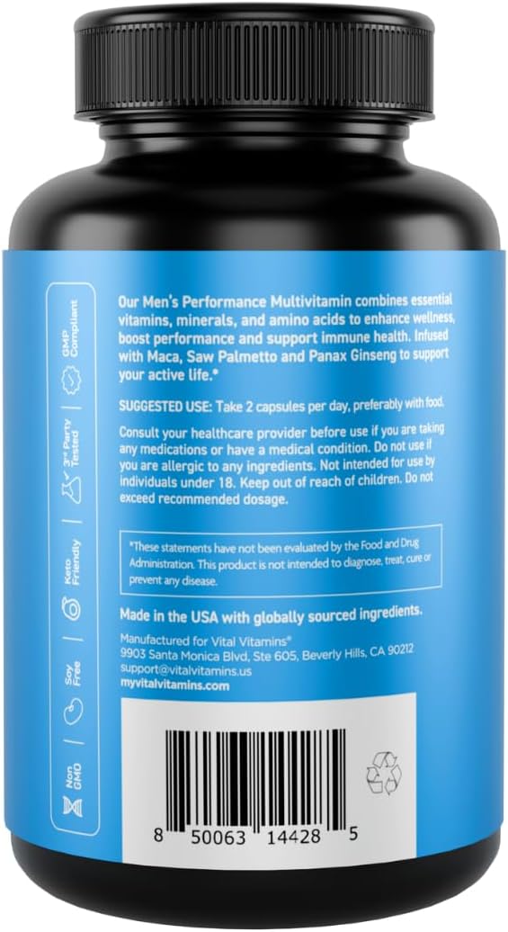 Vital Vitamins Men's Multivitamin Complex for Vitality & Performance | Complete Multivitamins with Essential Amino Blend, Maca Root, Saw Palmetto & Panax Ginseng, 60 Capsules