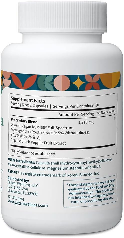 Pattern Wellness Ashwagandha Complex Supplement – 360 Vegan Capsules | For Men & Women – Organic KSM-66® & Black Pepper Extract – Supports Stress Response & Energy Balance – Non-GMO