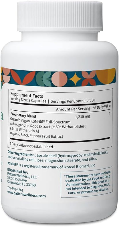 Pattern Wellness Ashwagandha Complex Supplement – 360 Vegan Capsules | For Men & Women – Organic KSM-66® & Black Pepper Extract – Supports Stress Response & Energy Balance – Non-GMO