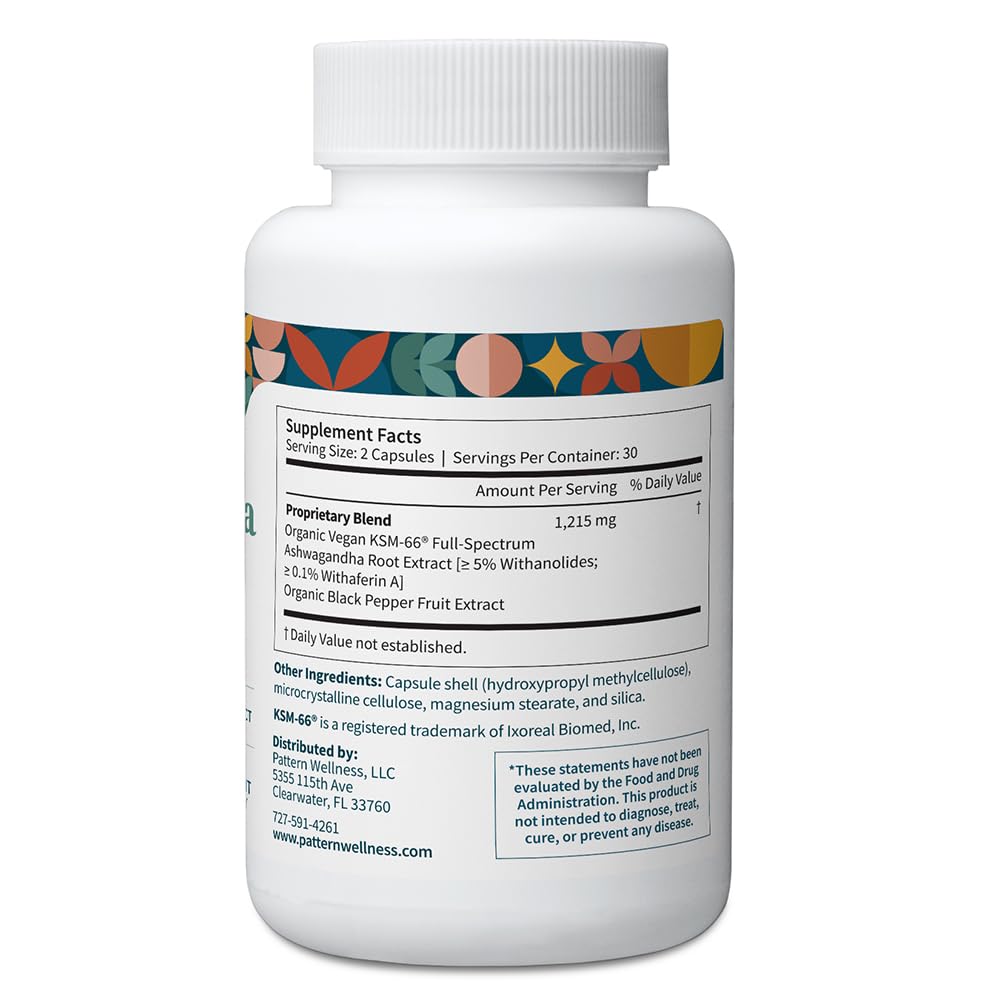 Pattern Wellness Ashwagandha Complex Supplement – 60 Vegan Capsules | For Men & Women – Organic KSM-66® & Black Pepper Extract – Supports Stress Response & Energy Balance – Non-GMO