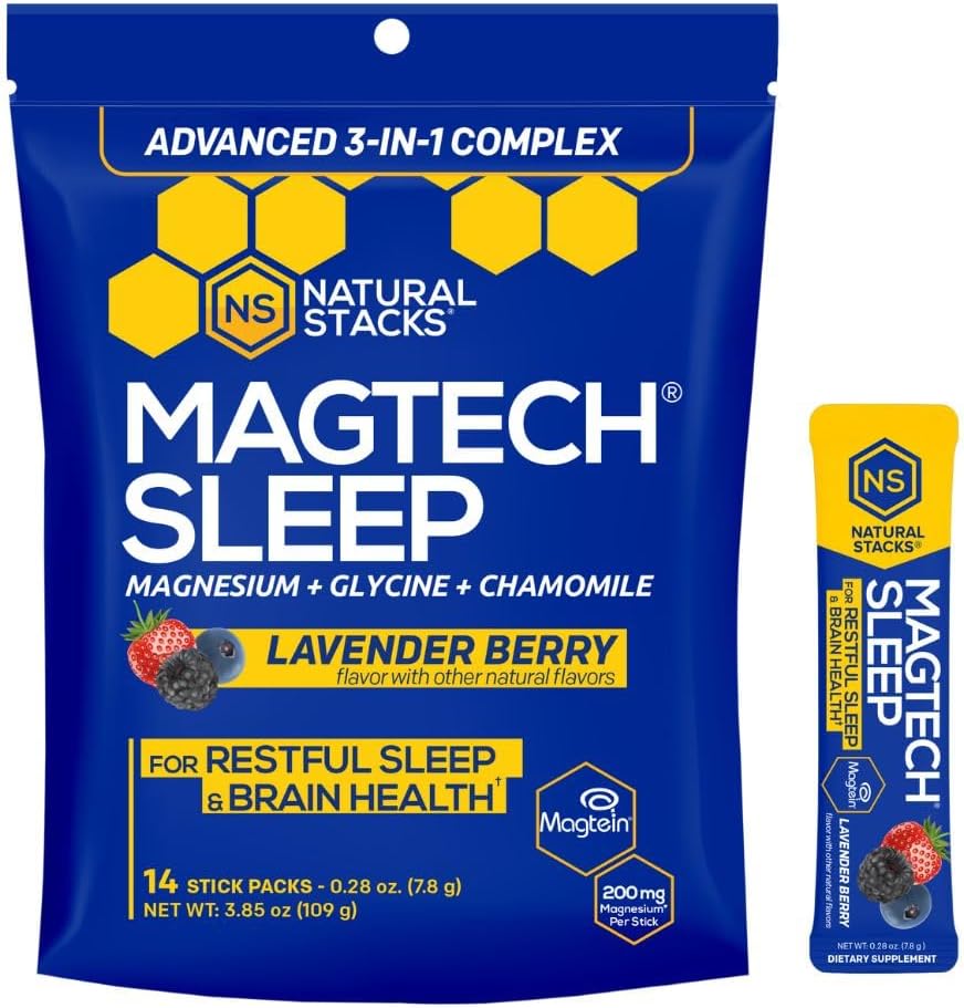 MagTech Magnesium Sleep Powder with 3g Glycine, Melatonin Free, 14 Servings | Magtein L-Threonate, Glycinate and Taurate chelated triple complex supports relaxation and deep, restful nights.