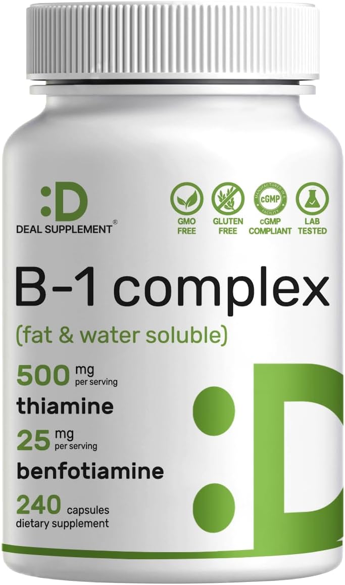DEAL SUPPLEMENT Vitamin B1 500mg with Benfotiamine, 240 Capsules – 2 in 1 Enhanced Formula – Fat & Water Soluble Thiamine B1 Supplement – Third Party Tested, Non-GMO, No Gluten