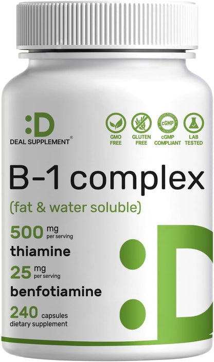 DEAL SUPPLEMENT Vitamin B1 500mg with Benfotiamine, 240 Capsules – 2 in 1 Enhanced Formula – Fat & Water Soluble Thiamine B1 Supplement – Third Party Tested, Non-GMO, No Gluten
