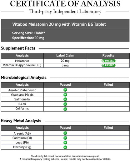 Vitabod Melatonin 20 mg Fast Dissolve Tablets with Vitamin B6, 240 Ct | Natural Berry Flavor, Sleep Support*, Non-GMO, Gluten Free, Made in USA