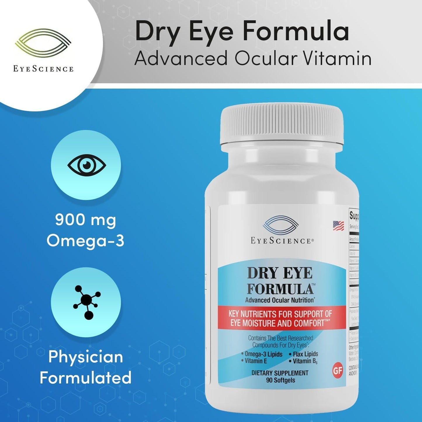 EyeScience Dry Eye Formula Omega-3 Dry Eye Supplement, 900mg | Eye Vitamins for Dry Eyes, Supports Eye Hydration, Tear Function & Daily Eye Comfort, EPA DHA Softgels for Adults