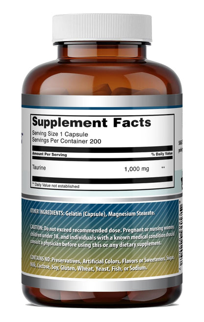 Amazing Formulas Taurine 1000 Mg | Capsules Supplement | Non-GMO | Gluten-Free | Made in USA (200 Capsules)