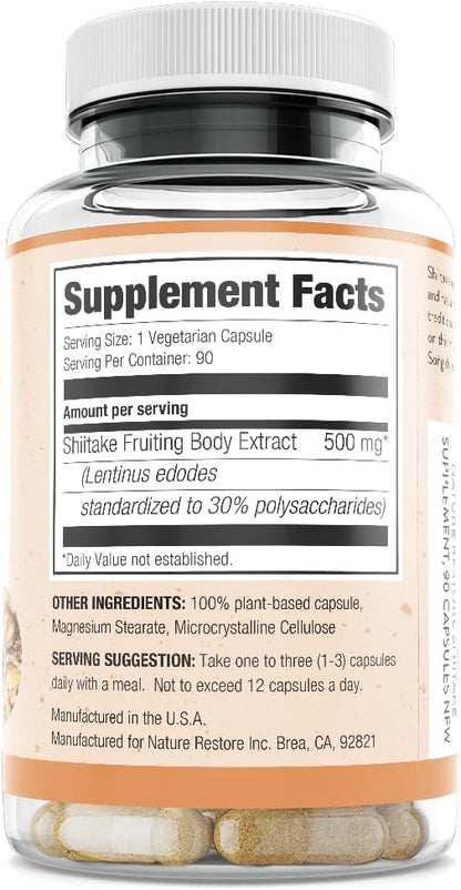 Nature Restore Shiitake Mushroom Extract Supplement, 90 Capsules, High 30% Polysaccharide Concentration, Non-GMO, Gluten Free