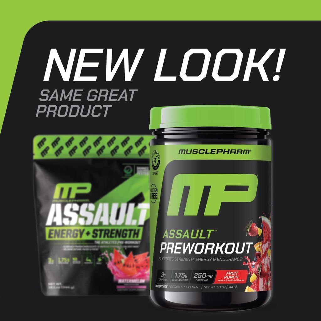 MusclePharm Assault Pre Workout Powder for Men & Women – Energy & Strength Boost Pre-Workout Supplements with Beta Alanine, Caffeine, Creatine & Betaine Anhydrous – 30 Servings, Fruit Punch Flavor