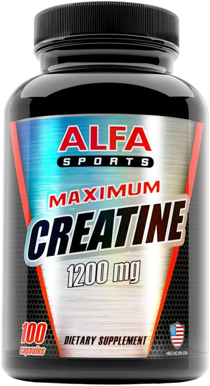 ALFA VITAMINS Maximum Creatine Monohydrate 1200 Mg 100 Capsules. Muscle Mass - Muscle Growth - Post Workout Recovery. Reduces Effects of Lactic Acid