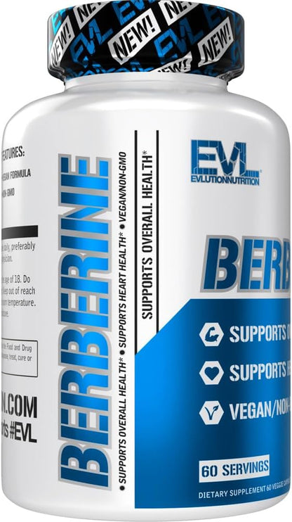 Evlution Nutrition Berberine - Supports Heart Health & Overall Health - 500mg Pure Berberine Per Serving - Vegan Formula - Non-GMO - Dietary Supplement - 60 Servings - 60 Veggie Capsules