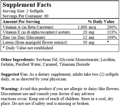 Nu-Health Eyes Aid Formula Lutein 30mg Eye Vitamins Zinc, 120 Softgels