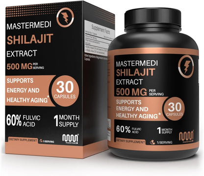 MasterMedi Shilajit 500mg – Himalayan Extract Standardized to Fulvic Acid – Energy, Stamina & Vitality Support – 30 Vegan Capsules – Non-GMO, Gluten-Free, No Fillers