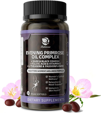 Evening Primrose Oil 1000mg - Hormone Balance for Women & Mood | Primrose Oil Capsules Cold-Pressed w/10% GLA, Essential Fatty Acids, L-Theanine for Mood, Skin & Immune, 90 Softgels