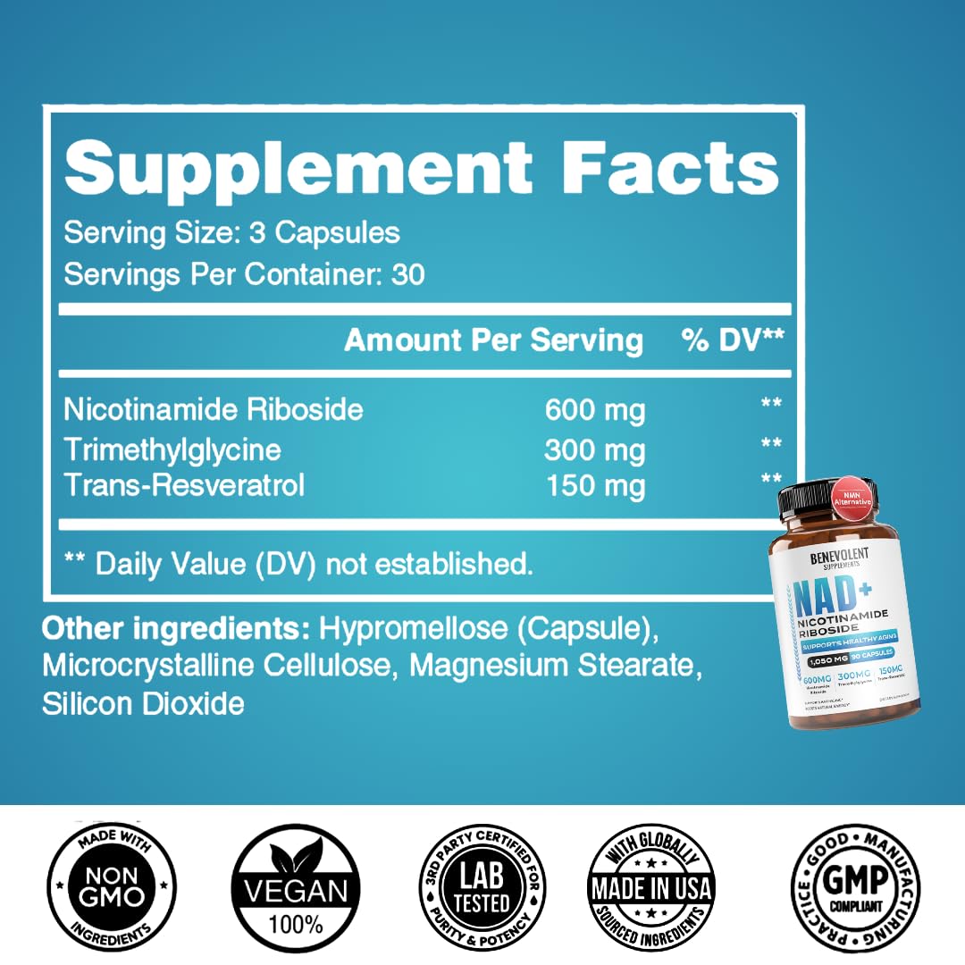 Benevolent NAD+ Supplement 1050mg, Max Absorption 3in1 NAD Supplements for Women & Men with Nicotinamide Riboside, Trans-Resveratrol & TMG, NAD Plus for Cellular Energy, Brain Support & Aging, 90 Caps