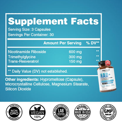 Benevolent NAD+ Supplement 1050mg, Max Absorption 3in1 NAD Supplements for Women & Men with Nicotinamide Riboside, Trans-Resveratrol & TMG, NAD Plus for Cellular Energy, Brain Support & Aging, 90 Caps