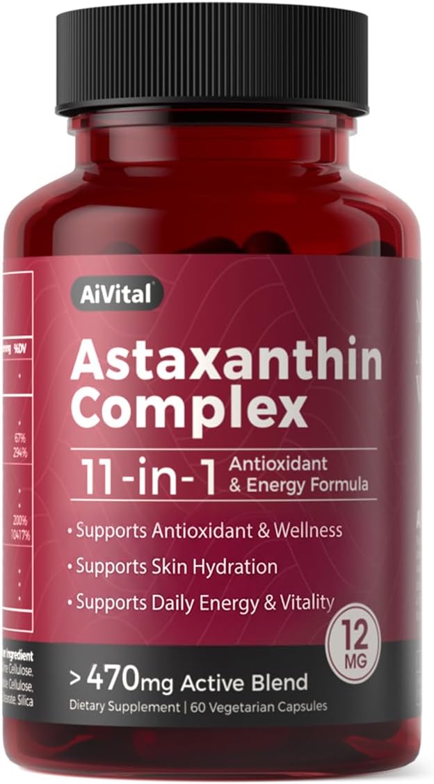 AiVital™ Astaxanthin 12mg, Natural Antioxidant Supplements from Microalgae | 11-in-1 Astaxanthin Complex for Energy, Skin & Eyes Support, Non-GMO, Gluten Free, 60 Capsules, 2-Month Supply