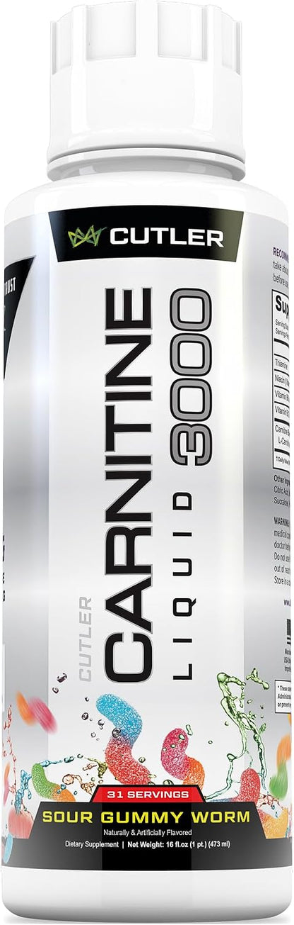 Cutler Nutrition Liquid L-Carnitine Fat Burner with Acetyl L-Carnitine | Sour Gummy Worm, 16 fl oz | Triple-Form Liquid with L-Carnitine Tartrate for Energy, Metabolism, Recovery and Workout Support