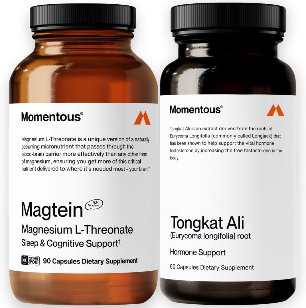 Momentous Magtein Magnesium L-Threonate 145mg, Tongkat Ali for Men and Women Supplement for Health & Wellness, Hormone, Energy & Mood Support - Root Extract Powder, Cognitive Function & Rest Support
