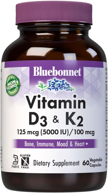 Bluebonnet Nutrition Vitamin D3 & K2, Soy-Free, for Strong-Healthy Bones*, Gluten-Free, Non-GMO, Dairy-Free, Kosher Certified, Vegetarian, 60 Vegetable Capsules, 60 Servings