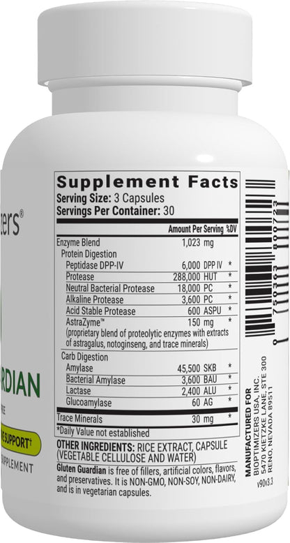 BIOptimizers Gluten Guardian 3.0 - Enzyme Supplement with DPP-IV to Support Gluten Digestion – May Help Prevent Bloating, Gas, and Indigestion, 90 Capsules