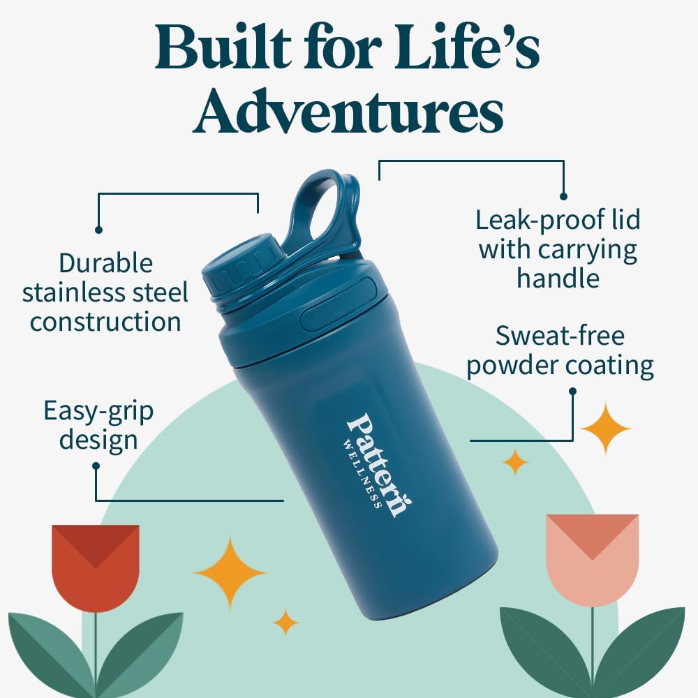 Pattern Wellness Insulated Water Bottle – 20 fl oz, Double-Wall Vacuum Sealed, Keeps Drinks Cold 24 Hrs/Hot 12 Hrs, Leak-Proof, BPA-Free, Sweat-Proof, Durable & Travel-Friendly