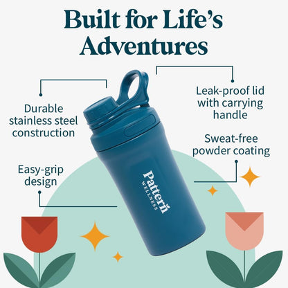 Pattern Wellness Insulated Water Bottle – 20 fl oz, Double-Wall Vacuum Sealed, Keeps Drinks Cold 24 Hrs/Hot 12 Hrs, Leak-Proof, BPA-Free, Sweat-Proof, Durable & Travel-Friendly