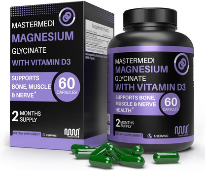 MasterMedi Magnesium Glycinate 100mg with Vitamin D3 – High Absorption Formula – Supports Sleep, Muscle Relaxation, Stress & Bone Health – 60 Capsules, 2-Month Supply