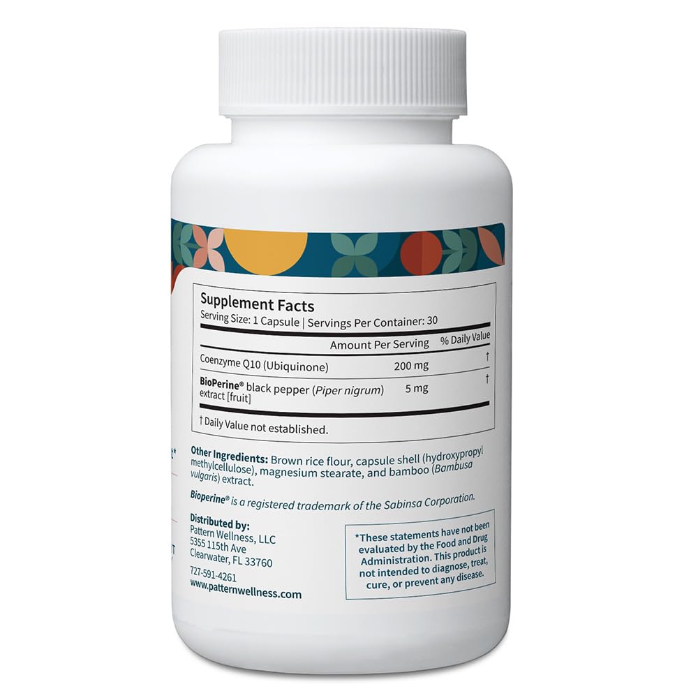 Pattern Wellness CoQ10 – 200mg Ubiquinone with BioPerine® Black Pepper Extract – Cellular Energy & Vitality Support – Non-GMO – 30 Vegan Capsules*
