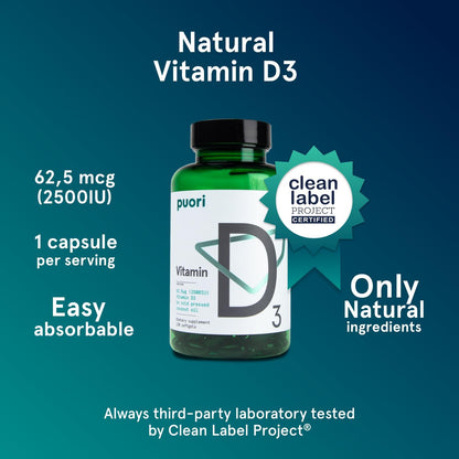 Puori Vitamin D3 Softgels, 2500 IU (62.5 mcg) - Fast Absorbing Vitamin D3 Supplements for Immune System Support, Bone Health & Density and Healthy Muscle Functions - Non-GMO & Gluten-Free - 240 Count