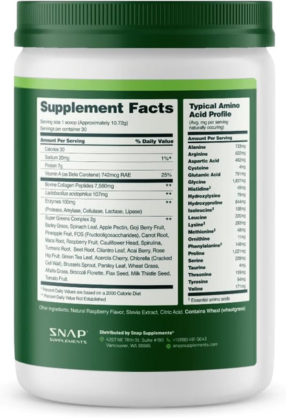 Snap Supplements Super Greens Powder with Collagen Peptides, 11.34 oz | 26 Fruits and Vegetables, Grass Fed, Non-GMO Daily Greens for Hair, Skin, Nails & Joint Support, 30 Servings, 1 Month Supply