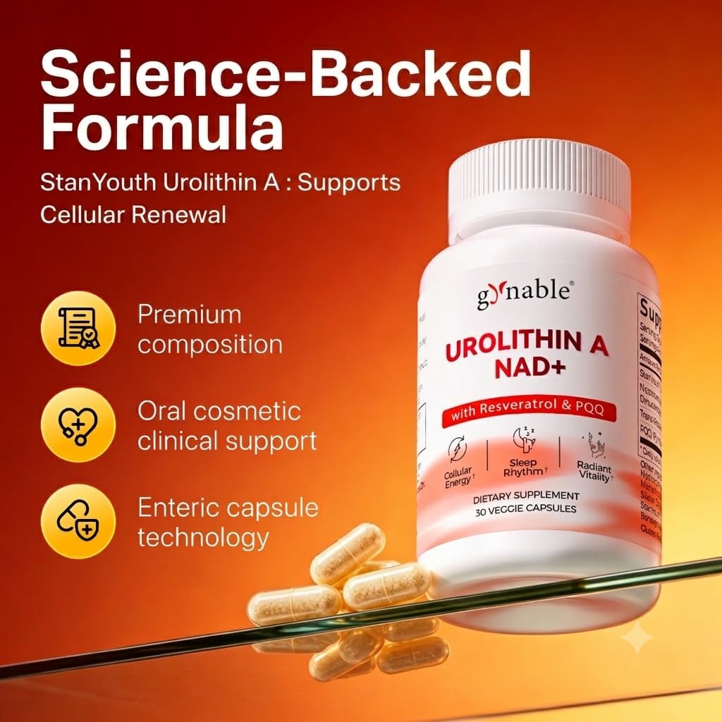 Gynable Urolithin A Supplement with NAD+ | Trans-Resveratrol & PQQ| 4-in-1 Complex Cellular Energy & Muscle Strength,Longevity Supplement for Sleep and Healthy Aging - Made & Tested in USA (1)