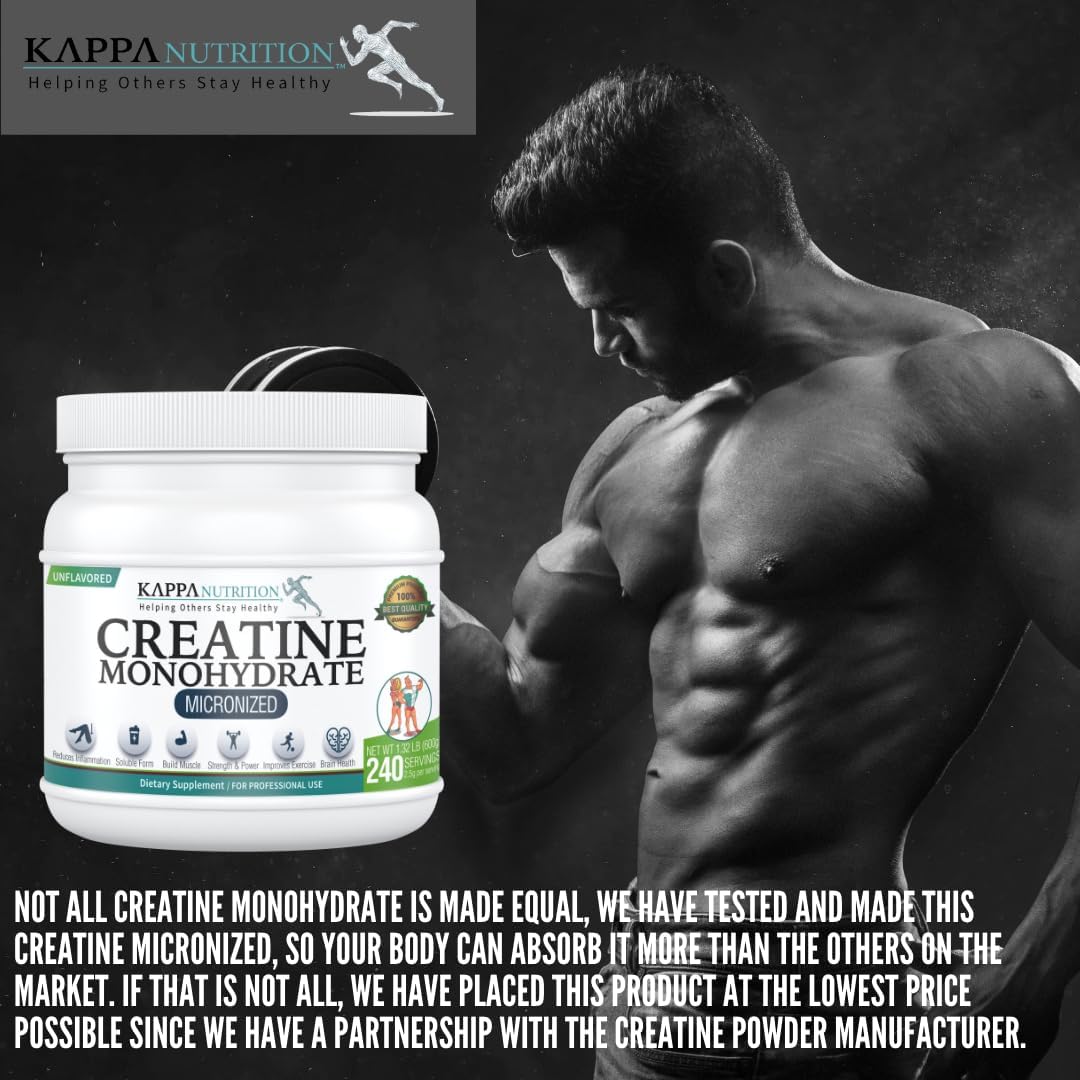 Kappa Nutrition Creatine Monohydrate Powder, Pure Amino Acid Formula, Supports Muscle Strength, Cellular Energy & Mental Focus* Gluten-Free, Keto, 2.25g per Scoop, 240 Servings, Net Wt. 1.32 LB (600g)