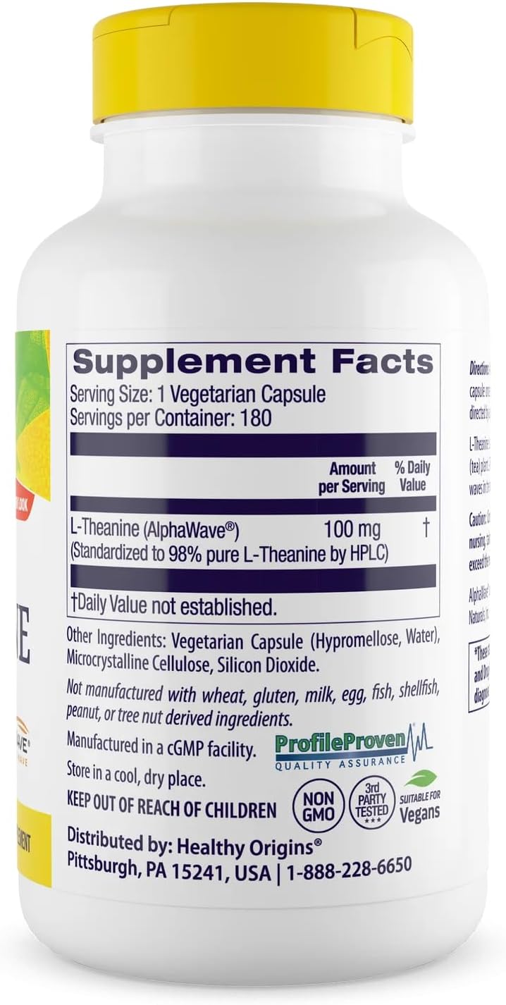 Healthy Origins L-Theanine AlphaWave 100 mg, 180 Veggie Caps
